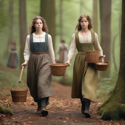 A photorealistic depiction of Jack and Jill as a young man and woman walking through the woods in the 1690s