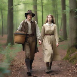 A photorealistic depiction of Jack and Jill as a young man and woman walking through the woods in the 1690s