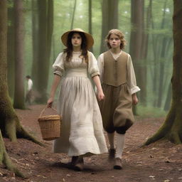 A photorealistic depiction of Jack and Jill as a young man and woman walking through the woods in the 1690s