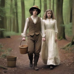 A photorealistic depiction of Jack and Jill as a young man and woman walking through the woods in the 1690s