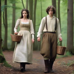 A photorealistic depiction of Jack and Jill as a young man and woman walking through the woods in the 1690s