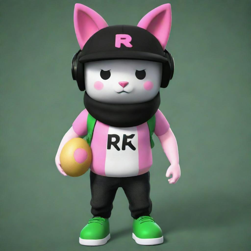 A Roblox character with white skin, sporting a pancake mask, a black cap, and pink cat headphones. The character wears a black T-shirt with an 'R' on it, black and green shoes, a dark green scarf, and carries an egg backpack.