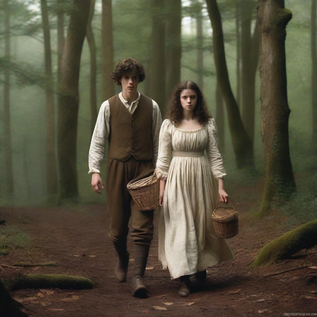 A photorealistic depiction of Jack and Jill as a young man and woman walking through the woods in the 1690s