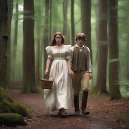 A photorealistic depiction of Jack and Jill as a young man and woman walking through the woods in the 1690s