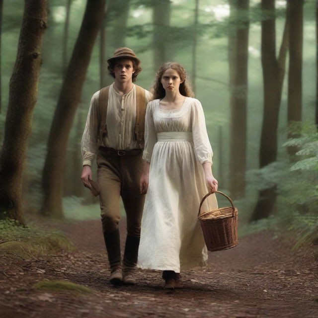 A photorealistic depiction of Jack and Jill as a young man and woman walking through the woods in the 1690s