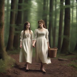 A photorealistic depiction of Jack and Jill as a young man and woman walking through the woods in the 1690s