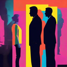 A colorful urban image featuring the silhouette of a woman's face in the middle of two men's silhouettes