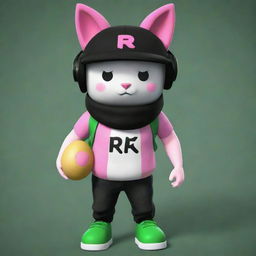 A Roblox character with white skin, sporting a pancake mask, a black cap, and pink cat headphones. The character wears a black T-shirt with an 'R' on it, black and green shoes, a dark green scarf, and carries an egg backpack.