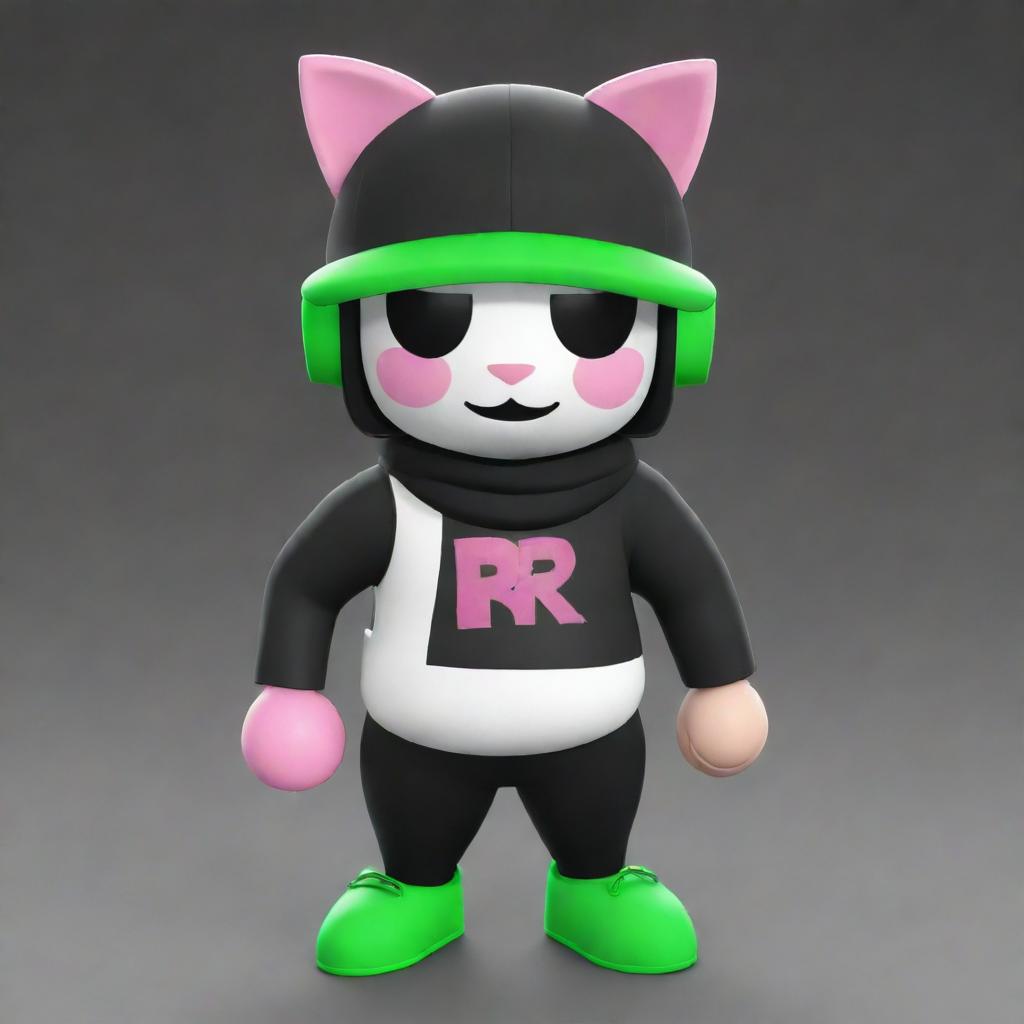 A Roblox character with white skin, sporting a pancake mask, a black cap, and pink cat headphones. The character wears a black T-shirt with an 'R' on it, black and green shoes, a dark green scarf, and carries an egg backpack.