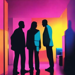 A colorful urban image featuring the silhouette of a woman's face in the middle of two men's silhouettes