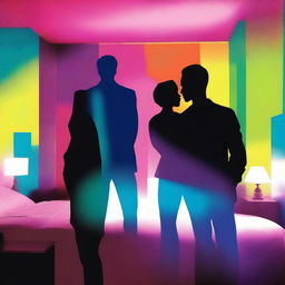 A colorful urban image featuring the silhouette of a woman's face in the middle of two men's silhouettes