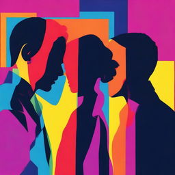 A colorful urban image featuring the silhouette of a woman's face in the middle of two men's silhouettes