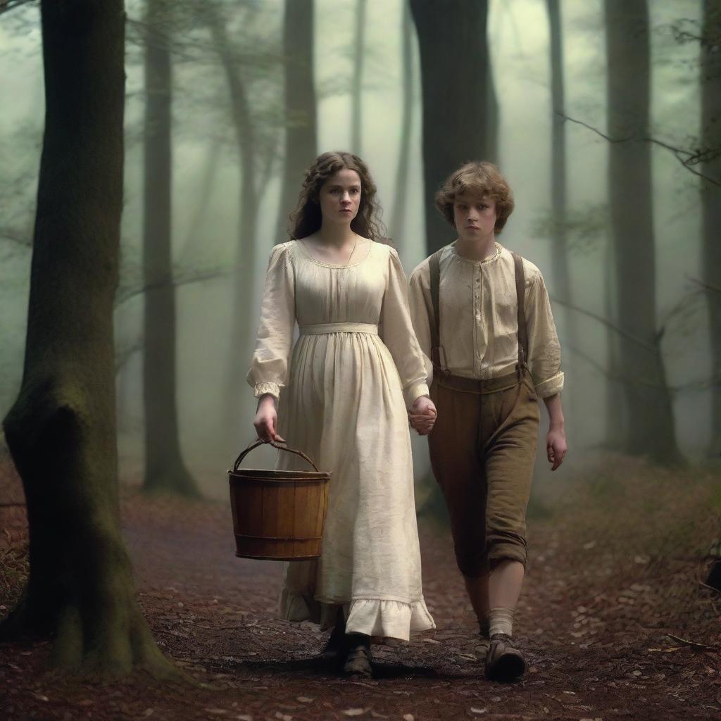 A photorealistic depiction of Jack and Jill as a young man and woman walking through dark woods in the 1690s