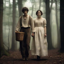 A photorealistic depiction of Jack and Jill as a young man and woman walking through dark woods in the 1690s