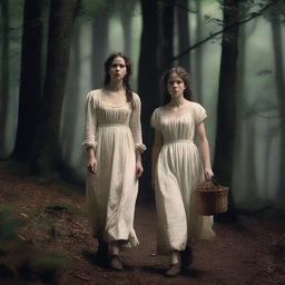 A photorealistic depiction of Jack and Jill as a young man and woman walking through dark woods in the 1690s