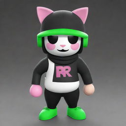 A Roblox character with white skin, sporting a pancake mask, a black cap, and pink cat headphones. The character wears a black T-shirt with an 'R' on it, black and green shoes, a dark green scarf, and carries an egg backpack.