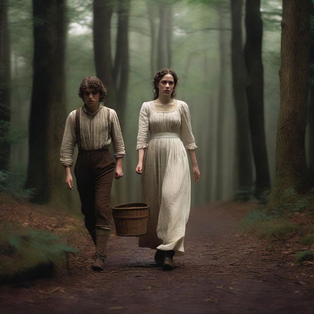 A photorealistic depiction of Jack and Jill as a young man and woman walking through dark woods in the 1690s