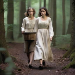 A photorealistic depiction of Jack and Jill as a young man and woman walking through dark woods in the 1690s