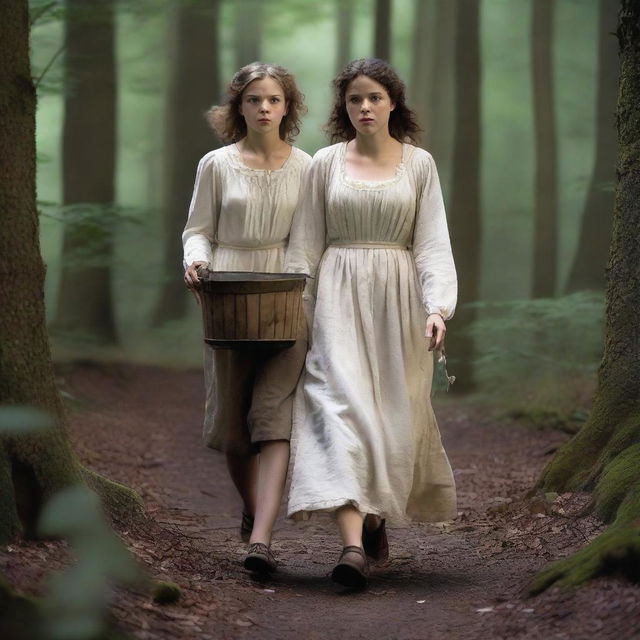A photorealistic depiction of Jack and Jill as a young man and woman walking through dark woods in the 1690s