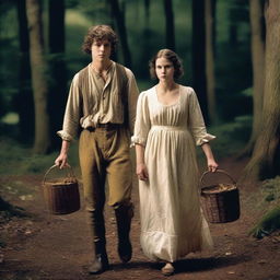 A photorealistic depiction of Jack and Jill as a young man and woman walking through dark woods in the 1690s