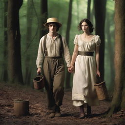 A photorealistic depiction of Jack and Jill as a young man and woman walking through dark woods in the 1690s