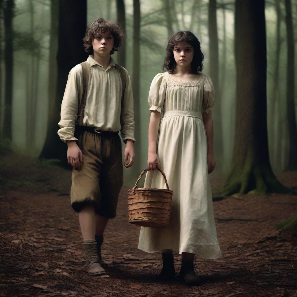 A photorealistic depiction of Jack and Jill as a young man and woman in dark woods