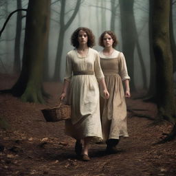 A photorealistic depiction of Jack and Jill as a young man and woman in dark woods