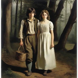 A photorealistic depiction of Jack and Jill as a young man and woman in dark woods