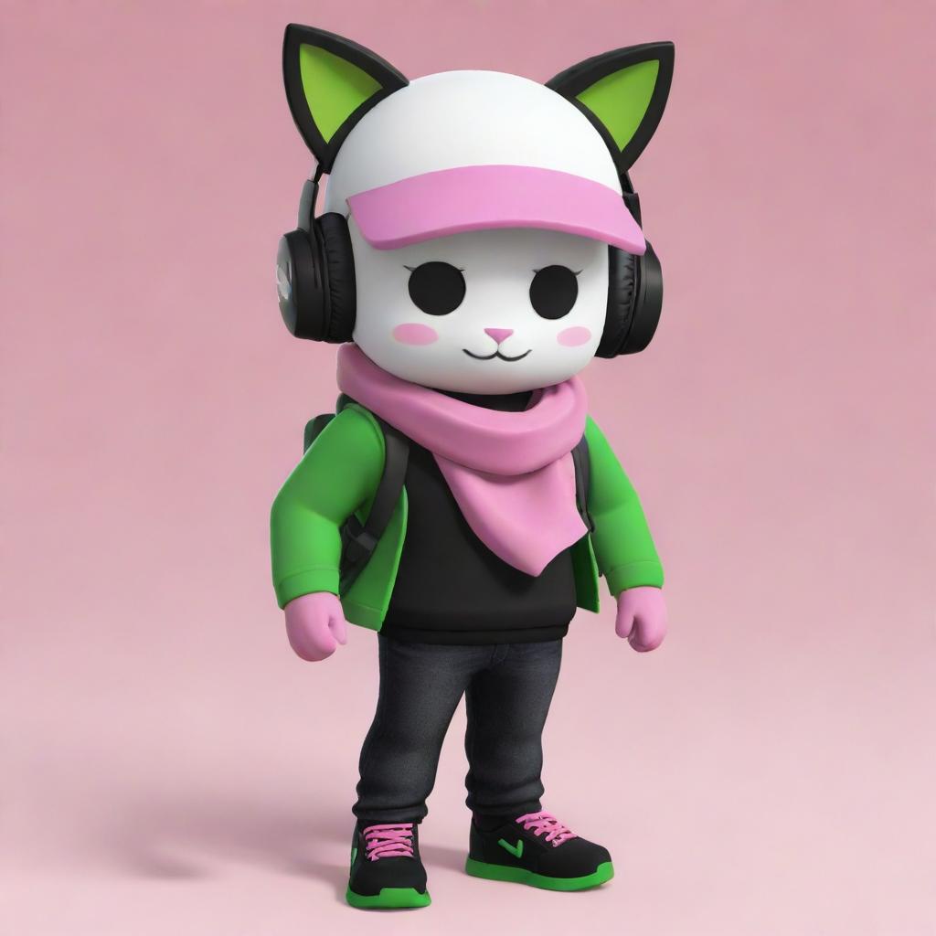 A Roblox character with white skin, sporting a pancake mask, a black cap, and pink cat headphones. The character wears a black T-shirt with an 'R' on it, black and green shoes, a dark green scarf, and carries an egg backpack.