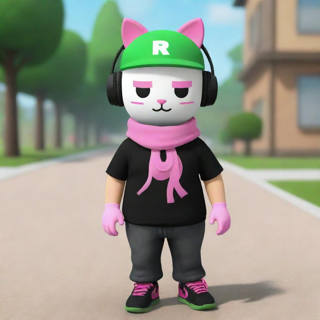 A Roblox character with white skin, sporting a pancake mask, a black cap, and pink cat headphones. The character wears a black T-shirt with an 'R' on it, black and green shoes, a dark green scarf, and carries an egg backpack.