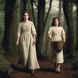 A photorealistic depiction of Jack and Jill as a young man and woman in dark woods