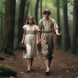 A photorealistic depiction of Jack and Jill as a young man and woman in dark woods