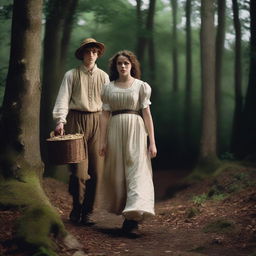 A photorealistic depiction of Jack and Jill as a young man and woman in dark woods