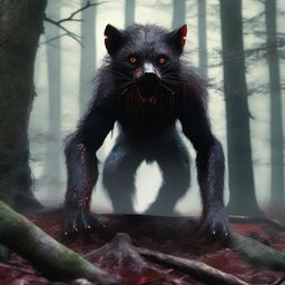 A photorealistic depiction of a terrifying creature in the woods with fur slicked with blood