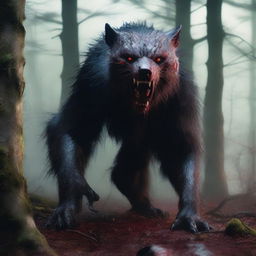 A photorealistic depiction of a terrifying creature in the woods with fur slicked with blood