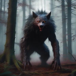 A photorealistic depiction of a terrifying creature in the woods with fur slicked with blood