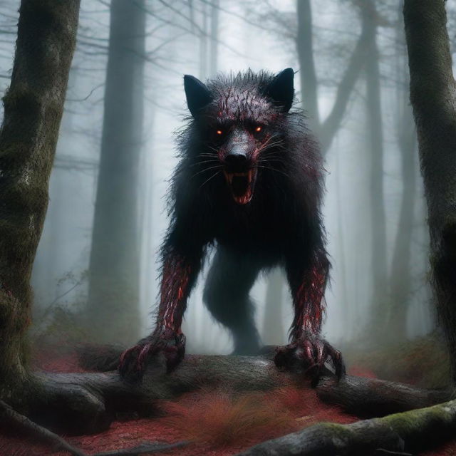 A photorealistic depiction of a terrifying creature in the woods with fur slicked with blood