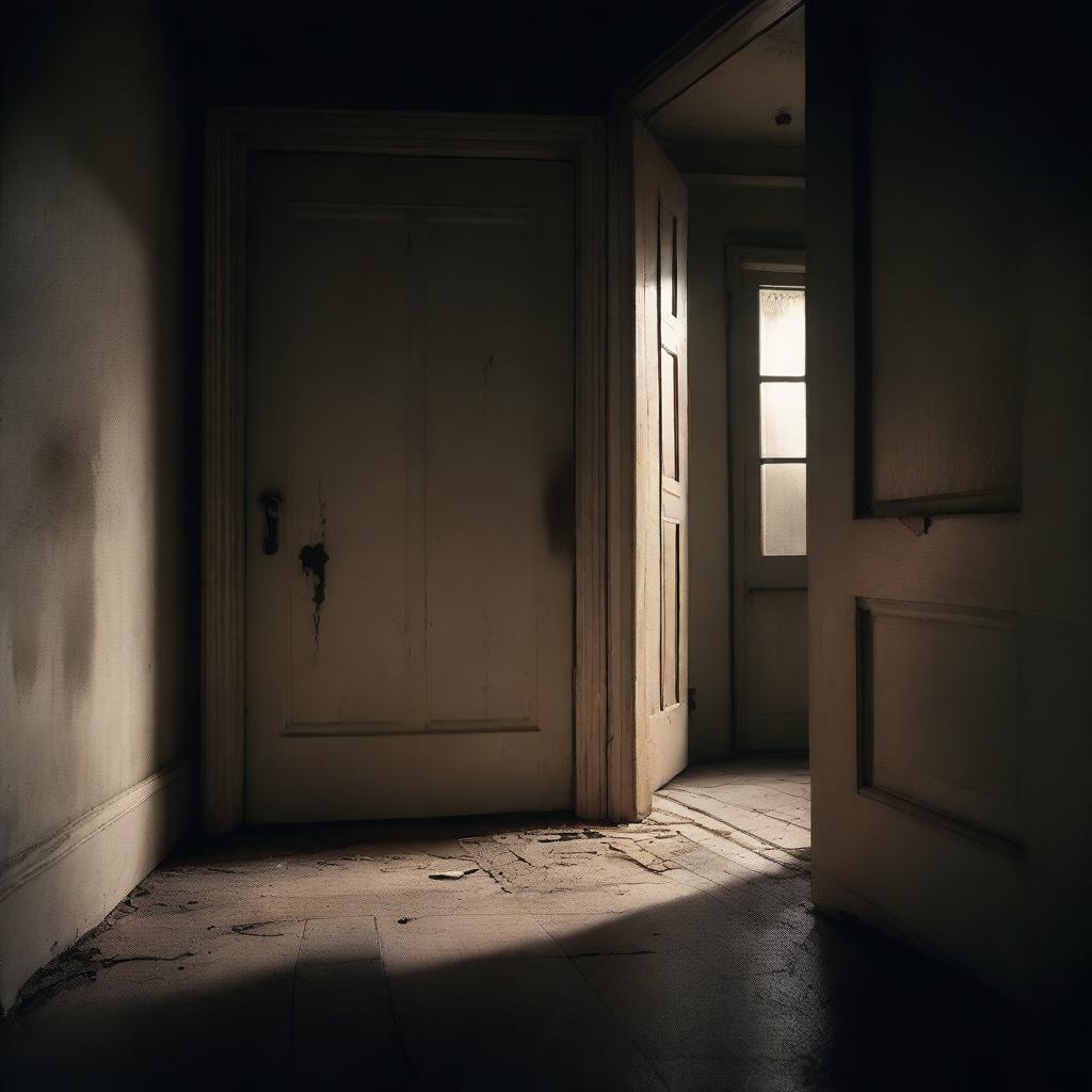 A terrifying room with an open door, from which a hand is emerging