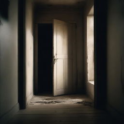 A terrifying room with an open door, from which a hand is emerging