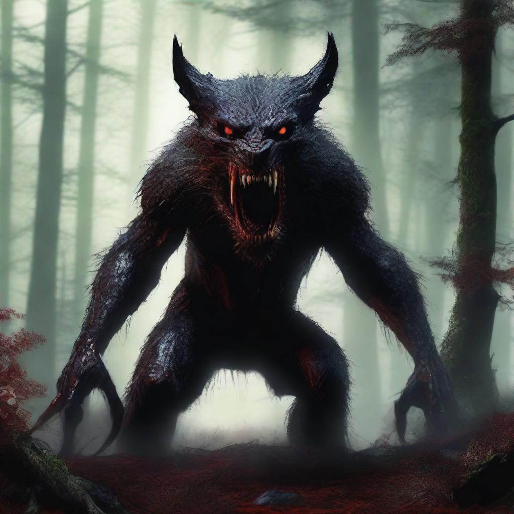 A photorealistic depiction of a terrifying, inhuman, unholy creature with fur slicked with blood, bursting from the woods