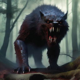 A photorealistic depiction of a terrifying, inhuman, unholy creature with fur slicked with blood, bursting from the woods