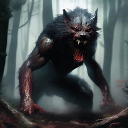 A photorealistic depiction of a terrifying, inhuman, unholy creature with fur slicked with blood, bursting from the woods