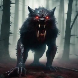 A photorealistic depiction of a terrifying, inhuman, unholy creature with fur slicked with blood, bursting from the woods