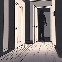 A terrifying room with an open door, from which a hand is emerging