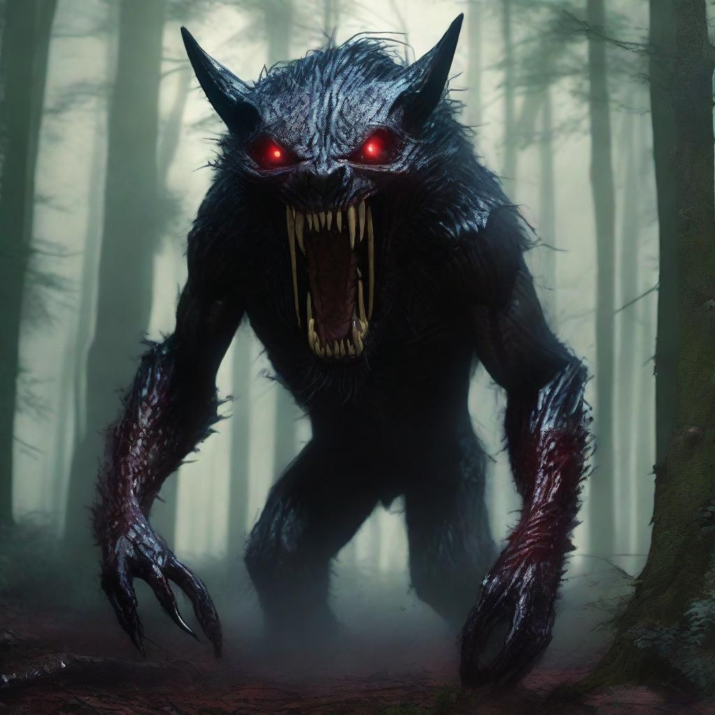 A photorealistic depiction of an extremely terrifying, inhuman, unholy creature with fur slicked with blood, bursting from the woods