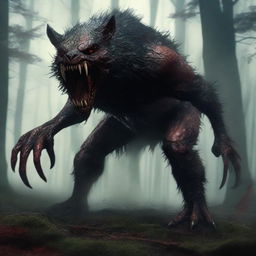 A photorealistic depiction of an extremely terrifying, inhuman, unholy creature with fur slicked with blood, bursting from the woods