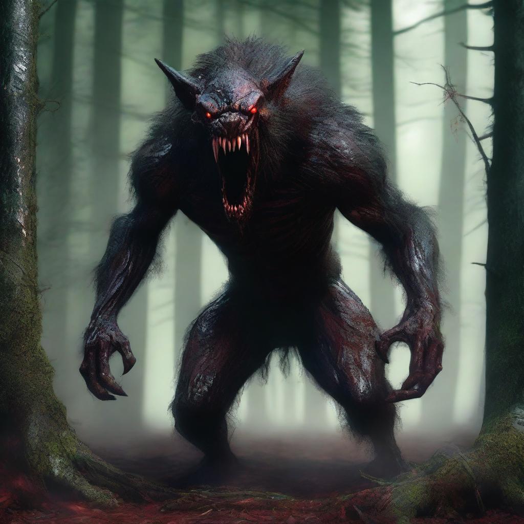 A photorealistic depiction of an extremely terrifying, inhuman, unholy creature with fur slicked with blood, bursting from the woods