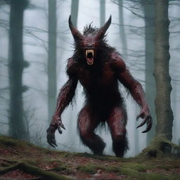 A photorealistic depiction of an extremely terrifying, inhuman, indescribable, and unholy creature bursting from the woods