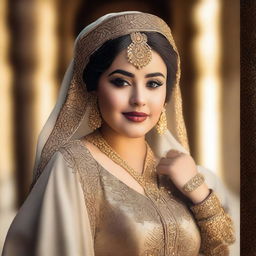 A beautiful Arabian plus-size woman in traditional attire, posing confidently