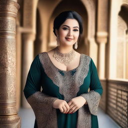 A beautiful Arabian plus-size woman in traditional attire, posing confidently